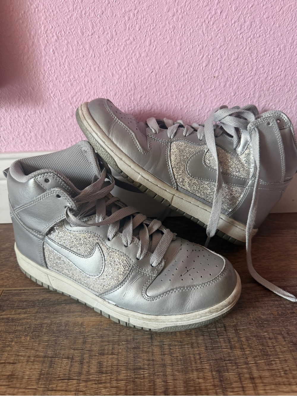 Vintage Nike Sneakers Womens 7.5 Silver Glitter Dunk High Metallic 325203-001